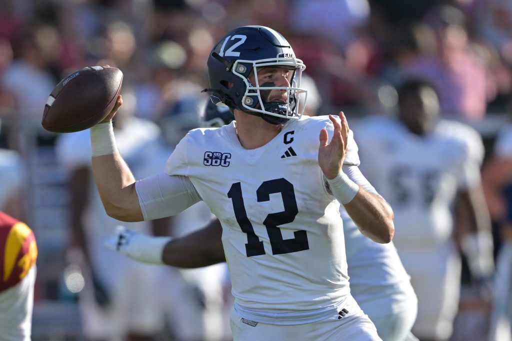 Sep 6, 2025; Los Angeles, California, USA; Georgia Southern Eagles quarterback JC French IV (12) throws a pass during the first half against the USC Trojans at United Airlines Field at Los Angeles Memorial Coliseum. Mandatory Credit: Jayne Kamin-Oncea-Imagn Images