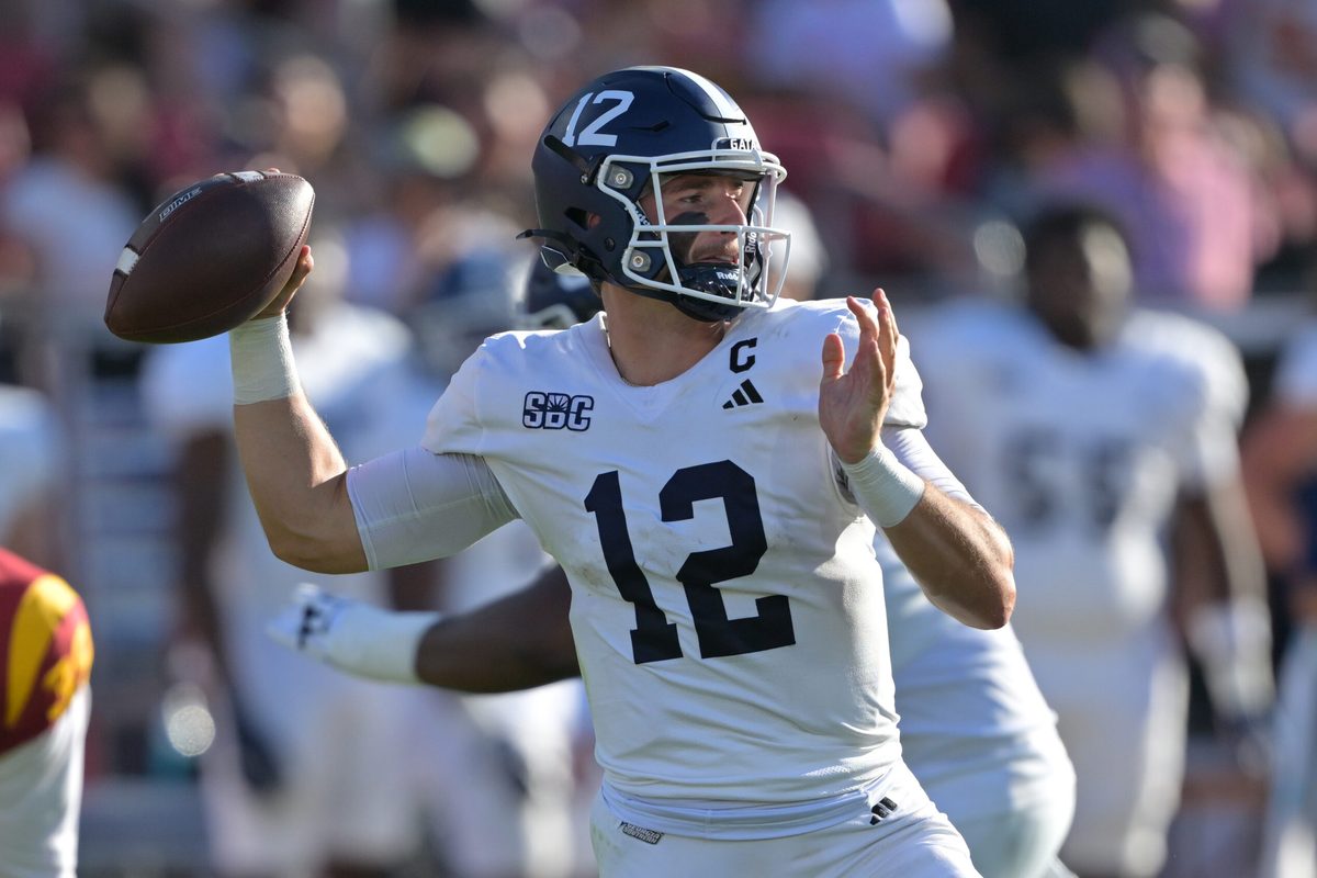 Sep 6, 2025; Los Angeles, California, USA; Georgia Southern Eagles quarterback JC French IV (12) throws a pass during the first half against the USC Trojans at United Airlines Field at Los Angeles Memorial Coliseum. Mandatory Credit: Jayne Kamin-Oncea-Imagn Images
