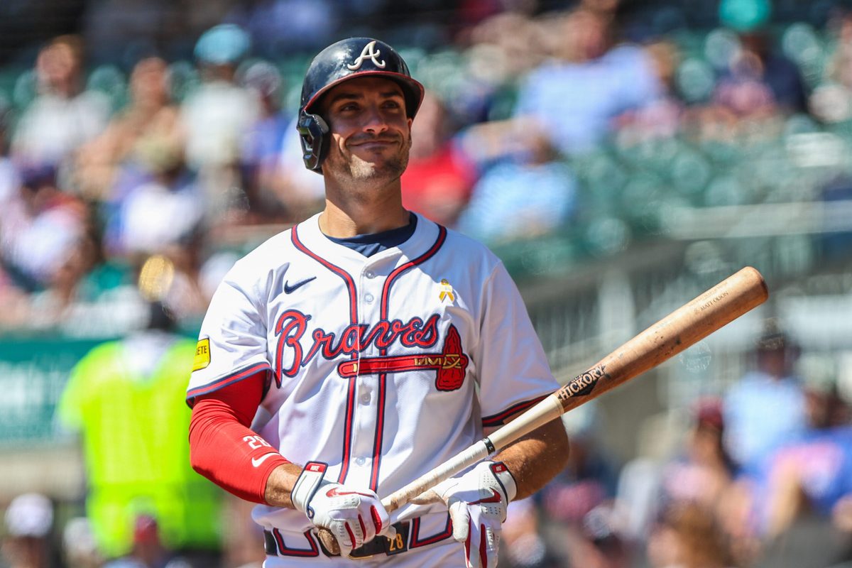 Sep 7, 2025; Cumberland, Georgia, USA; Atlanta Braves first base Matt Olson (28) makes face after a pitch call in the game against the Seattle Mariners during the first inning at Truist Park. Mandatory Credit: Jordan Godfree-Imagn Images