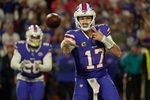 Buffalo Bills quarterback Josh Allen fires off a pass during first half action against the Baltimore Ravens at Highmark Stadium in Orchard Park on Sept. 7, 2025.