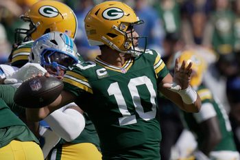Green Bay Packers quarterback Jordan Love (10) throws a pass during the first quarter of their game against the Detroit Lions Sunday, September 7, 2025 at Lambeau Field in Green Bay, Wisconsin.