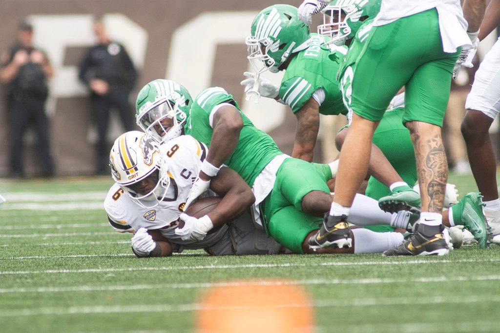 Western Michigan junior Jalen Buckley is brought down during the home-opening game against North Texas at Western Michigan University on Saturday, Sept. 6, 2025.