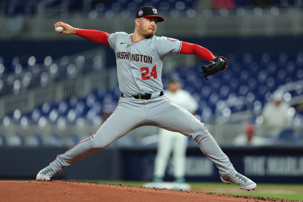 Sep 8, 2025; Miami, Florida, USA; Washington Nationals starting pitcher Cade Cavalli (24) delivers a pitch against the Miami Marlins during the first inning at loanDepot Park. Mandatory Credit: Sam Navarro-Imagn Images