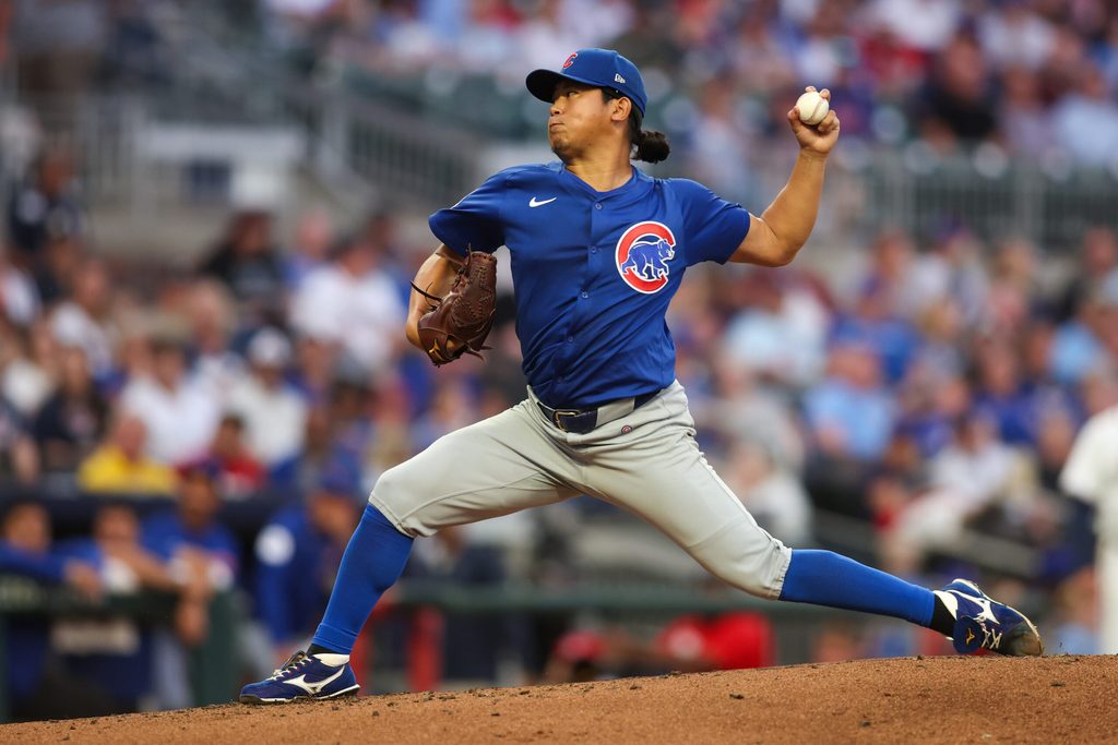 Sep 8, 2025; Atlanta, Georgia, USA; Chicago Cubs starting pitcher Shota Imanaga (18) throws against the Atlanta Braves in the second inning at Truist Park. Mandatory Credit: Brett Davis-Imagn Images