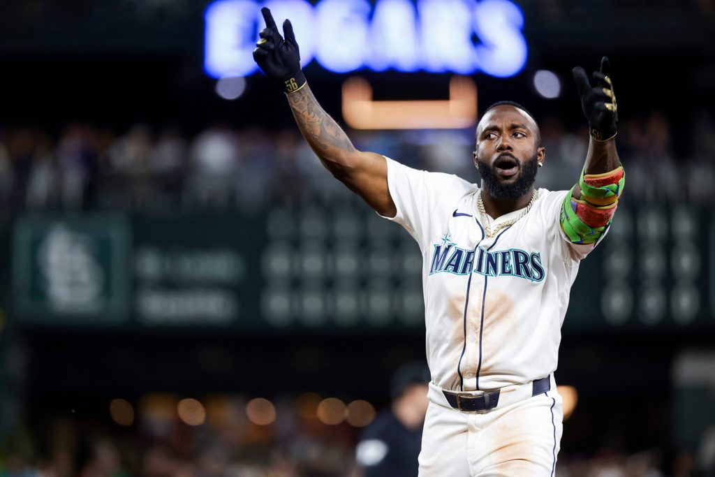 Sep 8, 2025; Seattle, Washington, USA; Seattle Mariners left fielder Randy Arozarena (56) reacts after hitting a single against the St. Louis Cardinals during the sixth inning at T-Mobile Park. Mandatory Credit: Joe Nicholson-Imagn Images