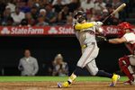 Sep 8, 2025; Anaheim, California, USA;  Minnesota Twins third baseman Royce Lewis (23) hits a two-run home run during the fifth inning against the Los Angeles Angels at Angel Stadium. Mandatory Credit: Kiyoshi Mio-Imagn Images
