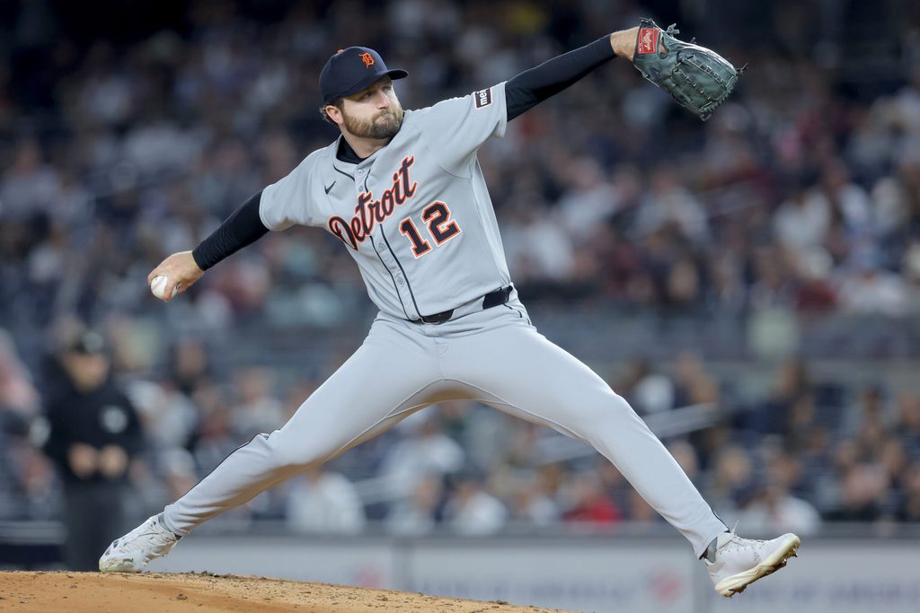 Sep 9, 2025; Bronx, New York, USA; Detroit Tigers starting pitcher Casey Mize (12) pitches against the New York Yankees during the second inning at Yankee Stadium. Mandatory Credit: Brad Penner-Imagn Images