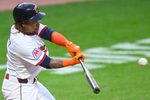 Sep 9, 2025; Cleveland, Ohio, USA; Cleveland Guardians third baseman Jose Ramirez (11) doubles in the fourth inning against the Kansas City Royals at Progressive Field. Mandatory Credit: David Richard-Imagn Images
