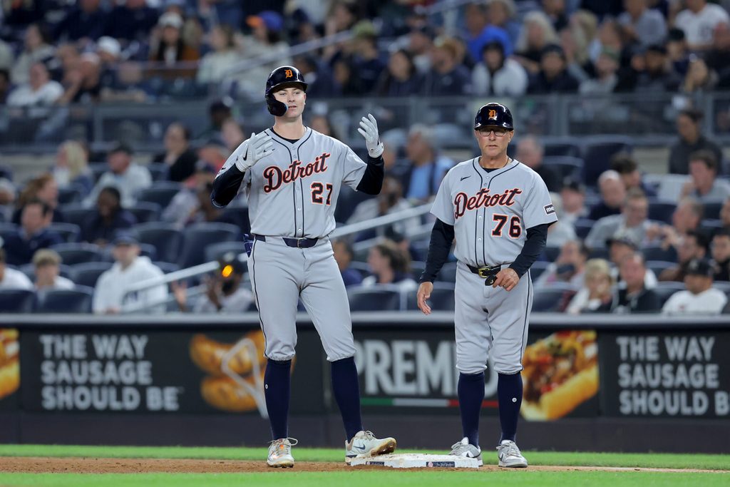 Sep 9, 2025; Bronx, New York, USA; Detroit Tigers shortstop Trey Sweeney (27) reacts after hitting an RBI single against the New York Yankees during the seventh inning at Yankee Stadium. Mandatory Credit: Brad Penner-Imagn Images
