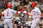 Sep 9, 2025; San Diego, California, USA; Cincinnati Reds catcher Tyler Stephenson (37) is congratulated by Gavin Lux (2) after hitting a two-run home run during the ninth inning against the San Diego Padres at Petco Park. Mandatory Credit: Denis Poroy-Imagn Images