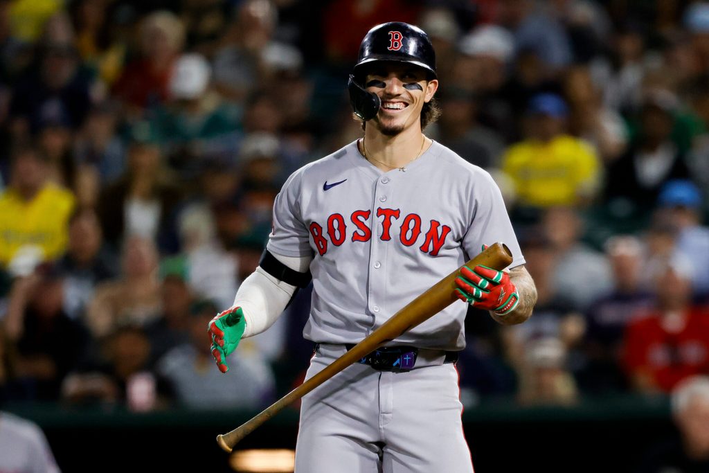 Sep 9, 2025; West Sacramento, California, USA; Boston Red Sox left fielder Jarren Duran (16) smiles after getting hit by a pitch during the ninth inning against the Athletics at Sutter Health Park. Mandatory Credit: Sergio Estrada-Imagn Images