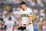 Sep 10, 2025; San Diego, California, USA; San Diego Padres starting pitcher Nick Pivetta (27) reacts after a strike out during the third inning against the Cincinnati Reds at Petco Park. Mandatory Credit: Denis Poroy-Imagn Images