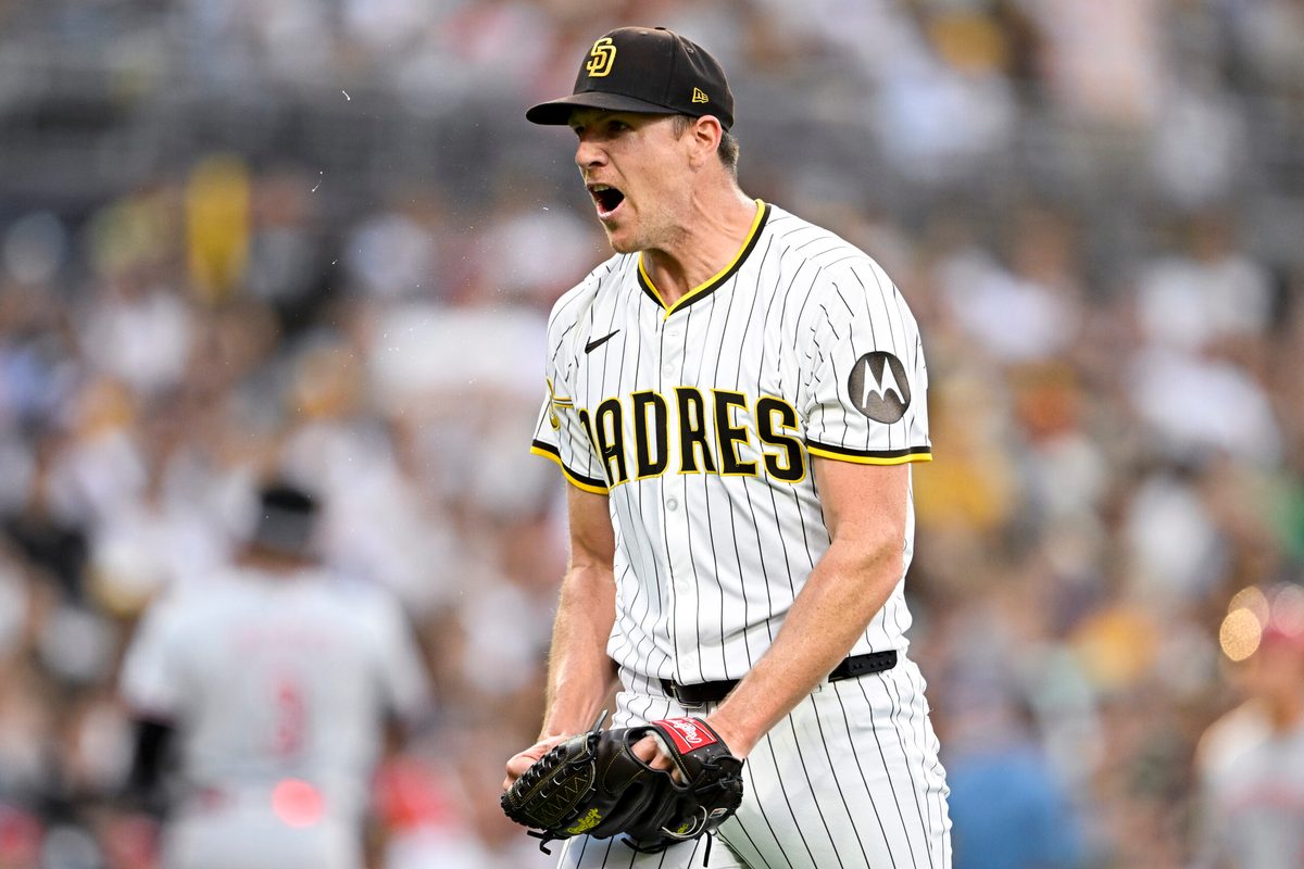 Sep 10, 2025; San Diego, California, USA; San Diego Padres starting pitcher Nick Pivetta (27) reacts after a strike out during the third inning against the Cincinnati Reds at Petco Park. Mandatory Credit: Denis Poroy-Imagn Images
