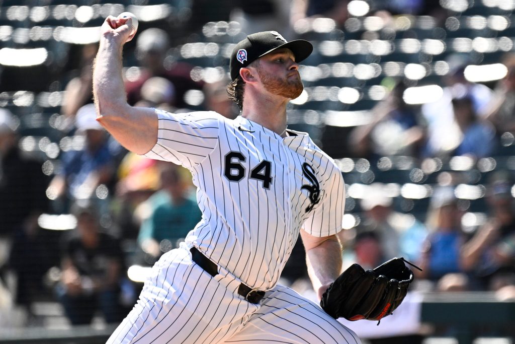 Sep 11, 2025; Chicago, Illinois, USA; Chicago White Sox pitcher Shane Smith (64) delivers against the Tampa Bay Rays during the first inning at Rate Field. Mandatory Credit: Matt Marton-Imagn Images