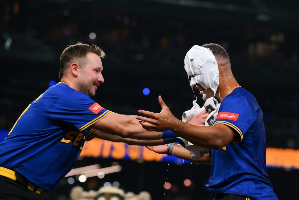 Sep 11, 2025; Seattle, Washington, USA; Seattle Mariners catcher Cal Raleigh (29) smears shaving cream on pinch hitter Harry Ford (5) after the Mariners defeated the Los Angeles Angels at T-Mobile Park. Mandatory Credit: Steven Bisig-Imagn Images