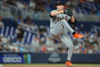Sep 12, 2025; Miami, Florida, USA; Detroit Tigers starting pitcher Tarik Skubal (29) delivers a pitch against the Miami Marlins during the first inning at loanDepot Park. Mandatory Credit: Sam Navarro-Imagn Images