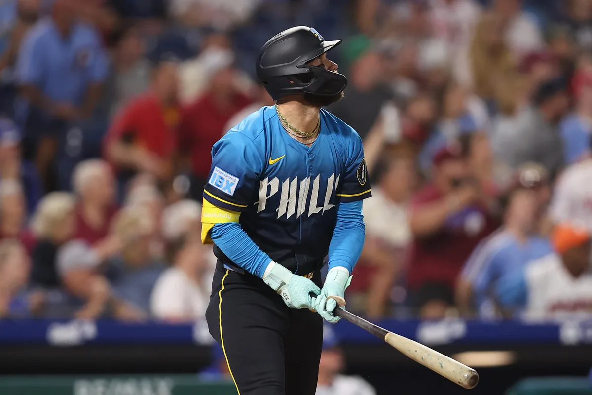 Sep 12, 2025; Philadelphia, Pennsylvania, USA; Philadelphia Phillies first base Bryce Harper (3) hits a home run during the third inning at Citizens Bank Park. Mandatory Credit: Bill Streicher-Imagn Images