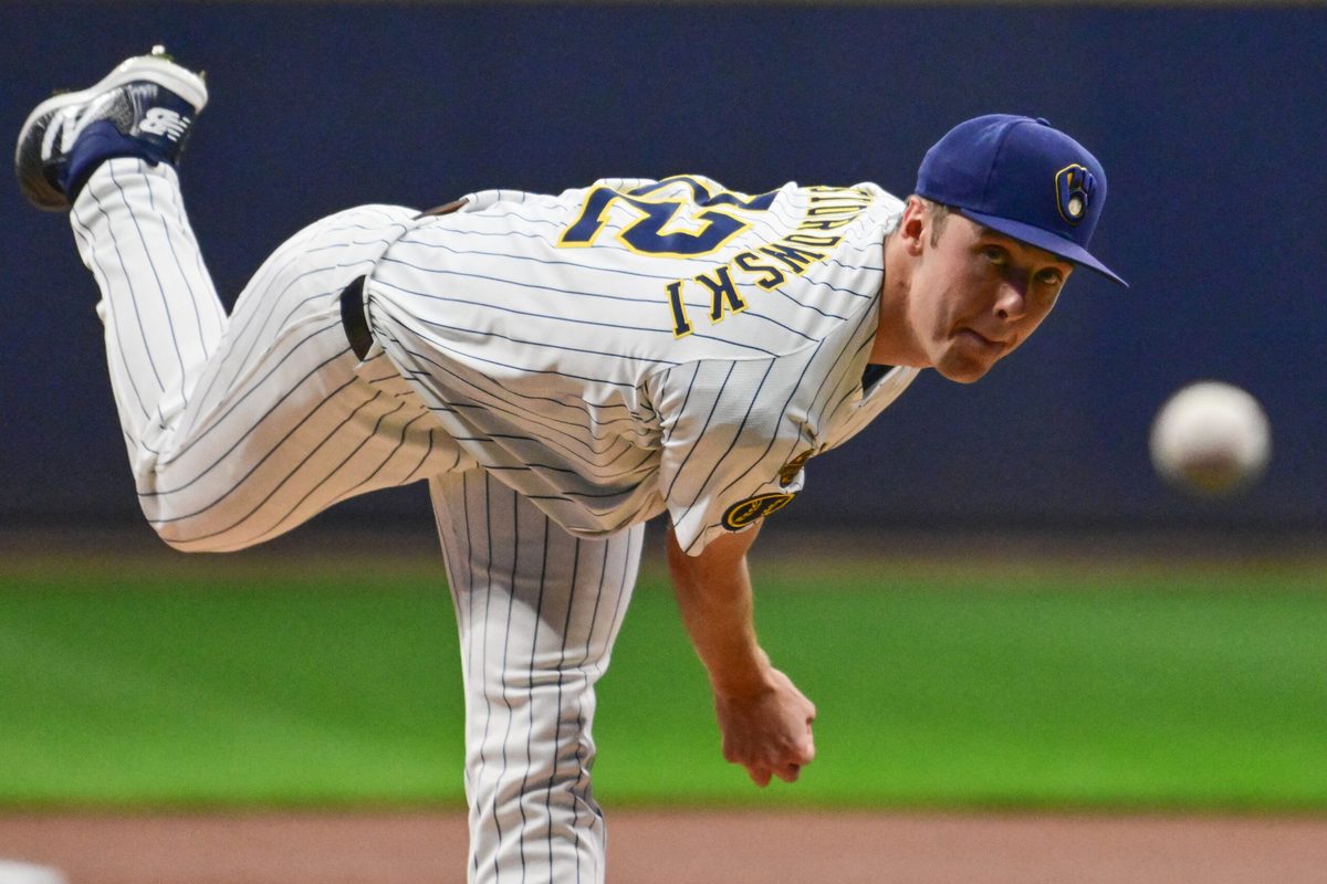 Sep 13, 2025; Milwaukee, Wisconsin, USA; Milwaukee Brewers starting pitcher Jacob Misiorowski (32) throws against the St. Louis Cardinals in the first inning at American Family Field. Mandatory Credit: Benny Sieu-Imagn Images