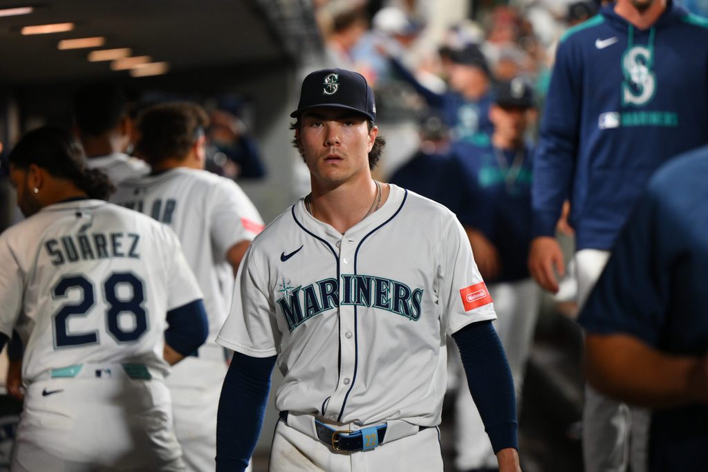 Sep 13, 2025; Seattle, Washington, USA; Seattle Mariners starting pitcher Bryan Woo (22) in the dugout during the sixth inning against the Los Angeles Angels at T-Mobile Park. Mandatory Credit: Steven Bisig-Imagn Images