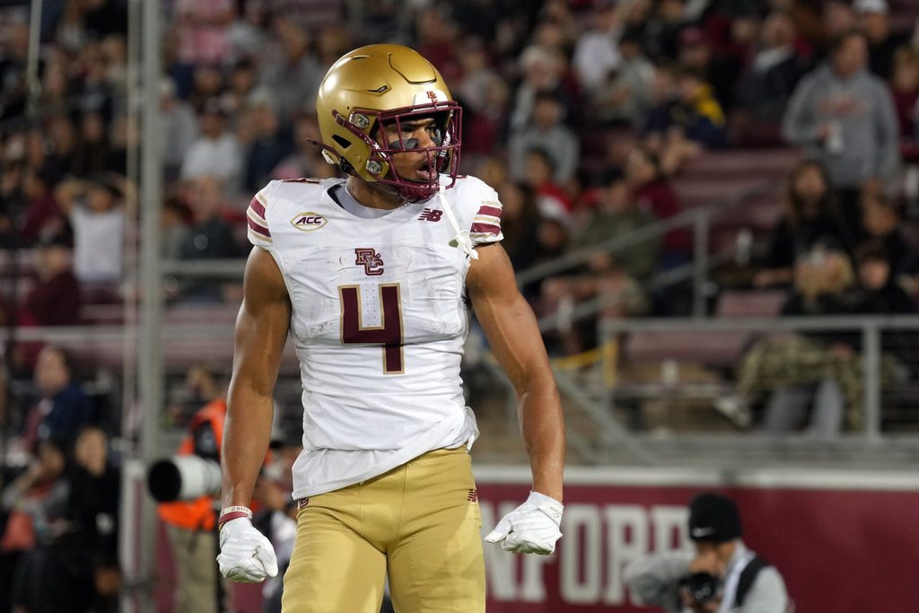 Sep 13, 2025; Stanford, California, USA; Boston College Eagles wide receiver Reed Harris (4) reacts after catching a pass against the Stanford Cardinal during the second quarter at Stanford Stadium. Mandatory Credit: Darren Yamashita-Imagn Images