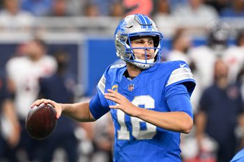 Sep 14, 2025; Detroit, Michigan, USA; Detroit Lions quarterback Jared Goff (16) looks to pass the ball against the Chicago Bears during the second quarter of the game at Ford Field. Mandatory Credit: Lon Horwedel-Imagn Images