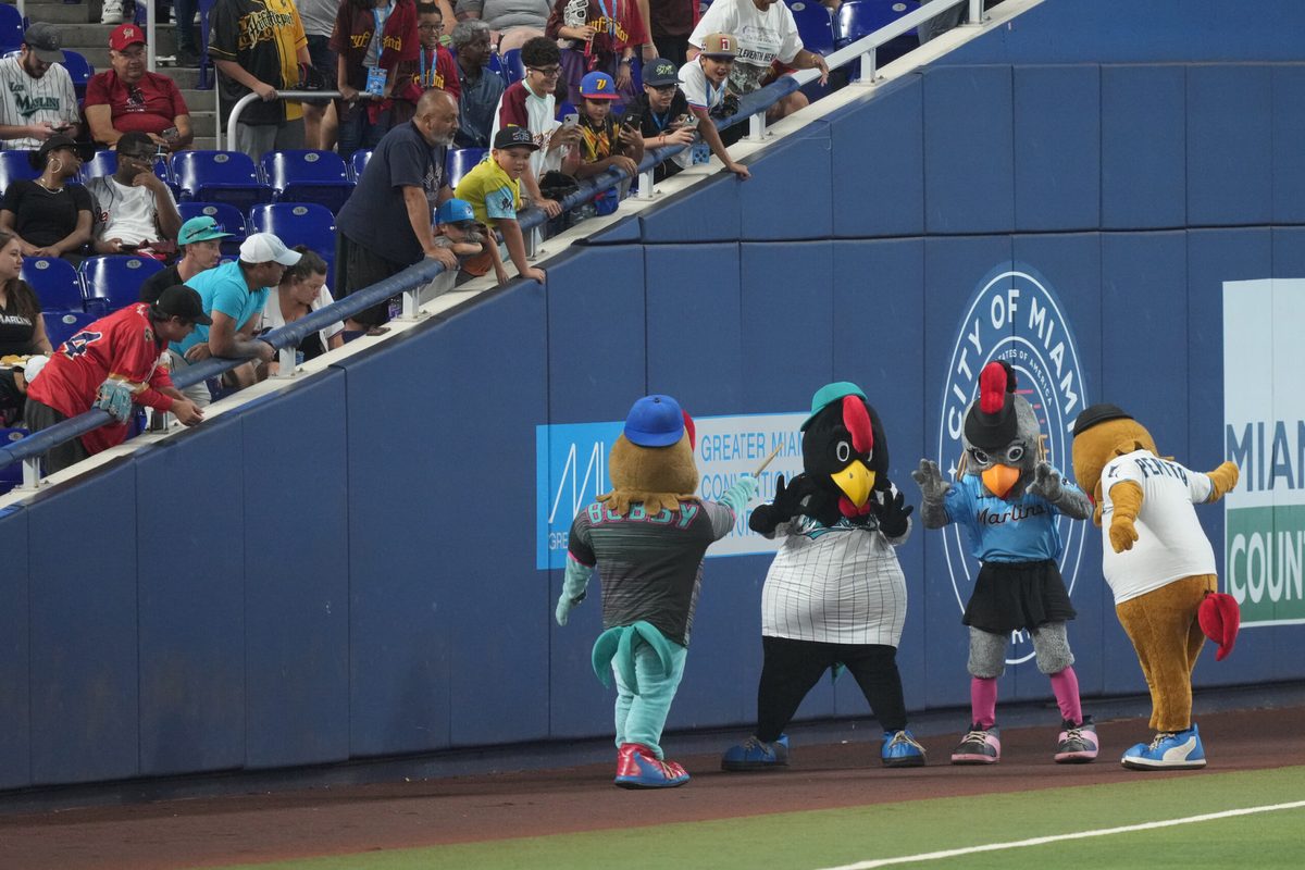 Sep 14, 2025; Miami, Florida, USA; The Miami Marlins entertain fans with the Chicken Race in the sixth inning at loanDepot Park. Mandatory Credit: Jim Rassol-Imagn Images