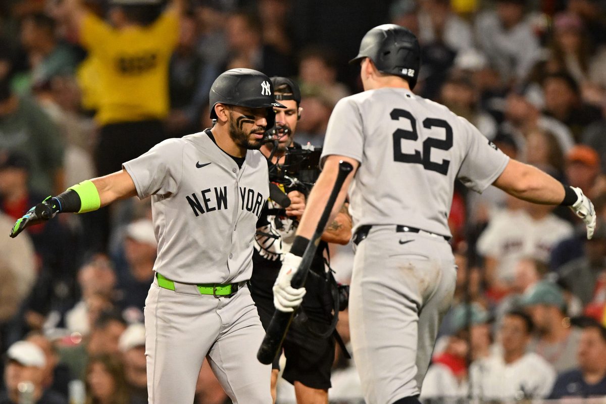 Sep 14, 2025; Boston, Massachusetts, USA; New York Yankees shortstop Jose Caballero (72) high-fives first baseman Ben Rice (22) after hitting a home run against the Boston Red Sox during the seventh inning at Fenway Park. Mandatory Credit: Brian Fluharty-Imagn Images