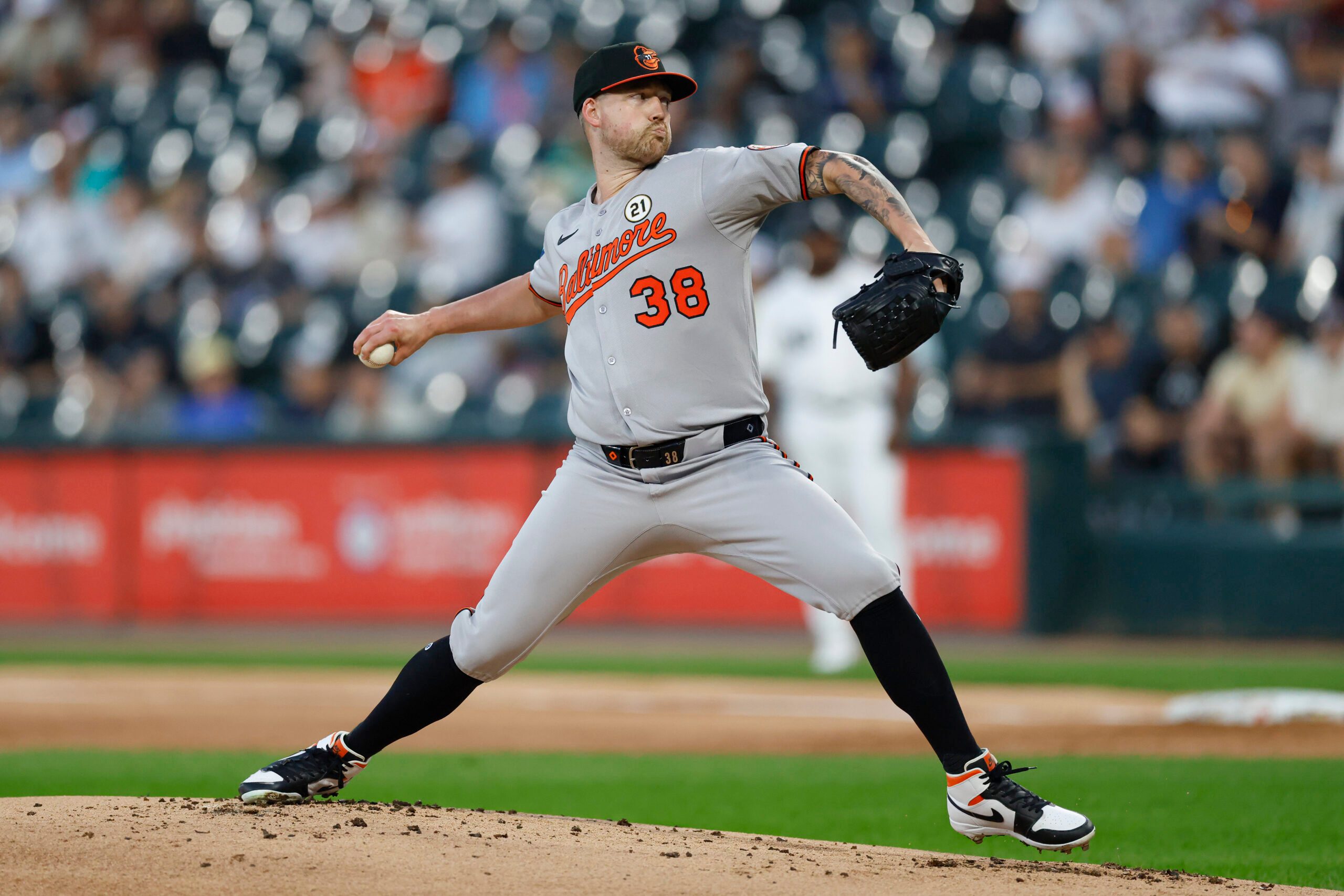 Sep 15, 2025; Chicago, Illinois, USA; Baltimore Orioles starting pitcher Kyle Bradish (38) delivers a pitch against the Chicago White Sox during the first inning at Rate Field. Mandatory Credit: Kamil Krzaczynski-Imagn Images