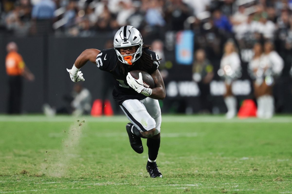 Sep 15, 2025; Paradise, Nevada, USA; Las Vegas Raiders wide receiver Jakobi Meyers (16) rushes during the third quarter against the Los Angeles Chargers at Allegiant Stadium. Mandatory Credit: Kiyoshi Mio-Imagn Images