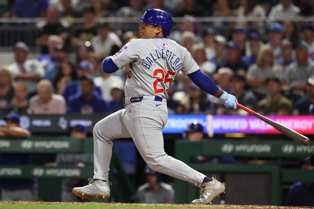 Sep 16, 2025; Pittsburgh, Pennsylvania, USA; Chicago Cubs designated hitter Moises Ballesteros (25) hits a single against the Pittsburgh Pirates during the eighth inning at PNC Park. Mandatory Credit: Charles LeClaire-Imagn Images