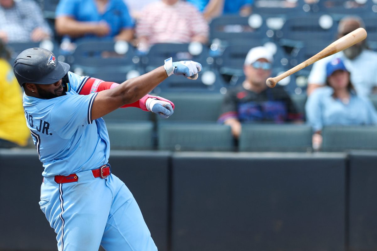 Sep 18, 2025; Tampa, Florida, USA; Toronto Blue Jays first baseman Vladimir Guerrero Jr. (27) looses his bat on a swing against the Tampa Bay Rays in the seventh inning at George M. Steinbrenner Field. Mandatory Credit: Nathan Ray Seebeck-Imagn Images