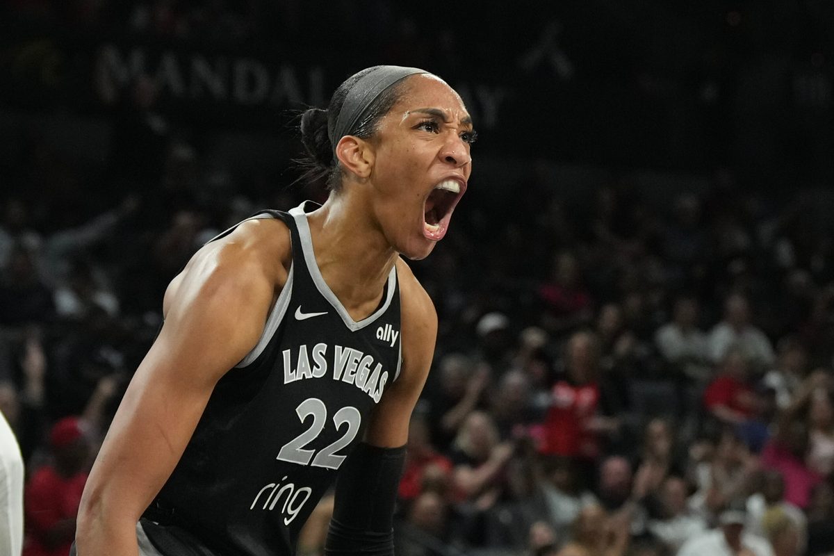Sep 18, 2025; Las Vegas, Nevada, USA; Las Vegas Aces center A'ja Wilson (22) reacts to a play against the Seattle Storm in the third quarter during game three of round one for the 2025 WNBA Playoffs at Michelob Ultra Arena. Mandatory Credit: Candice Ward-Imagn Images