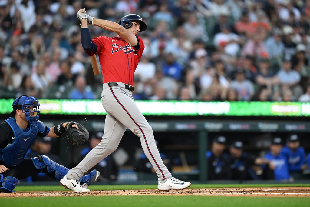 Sep 19, 2025; Detroit, Michigan, USA; Atlanta Braves first baseman Matt Olson (28) hits an RBI double down the first base line against the Detroit Tigers in the second inning at Comerica Park. Mandatory Credit: Lon Horwedel-Imagn Images