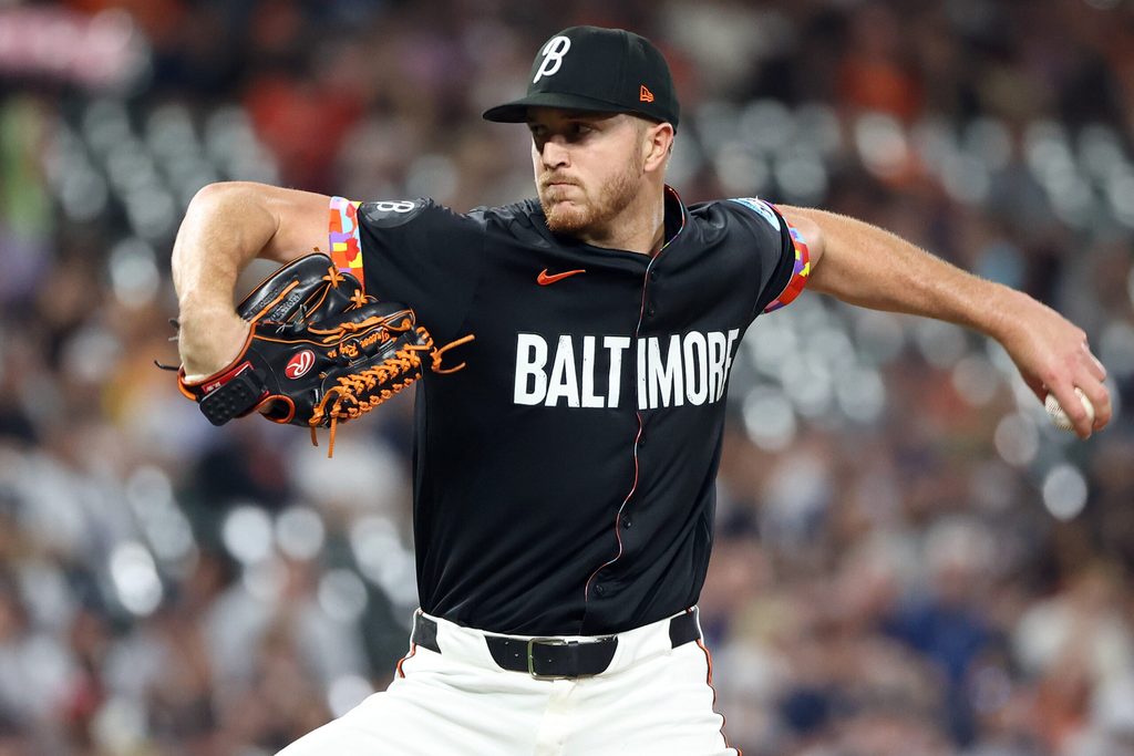 Sep 19, 2025; Baltimore, Maryland, USA; Baltimore Orioles pitcher Trevor Rogers (28) throws during the third inning against the New York Yankees at Oriole Park at Camden Yards. Mandatory Credit: Daniel Kucin Jr.-Imagn Images