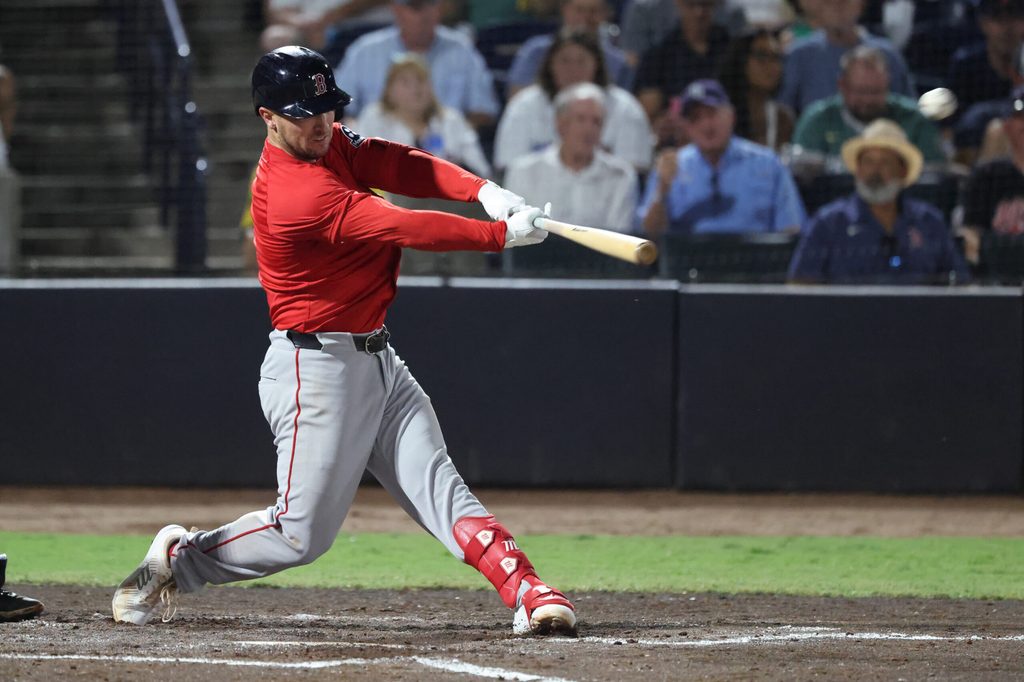 Sep 19, 2025; Tampa, Florida, USA; Boston Red Sox third base Alex Bregman (2) hits a home run during the third inning against the Tampa Bay Rays at George M. Steinbrenner Field. Mandatory Credit: Kim Klement Neitzel-Imagn Images