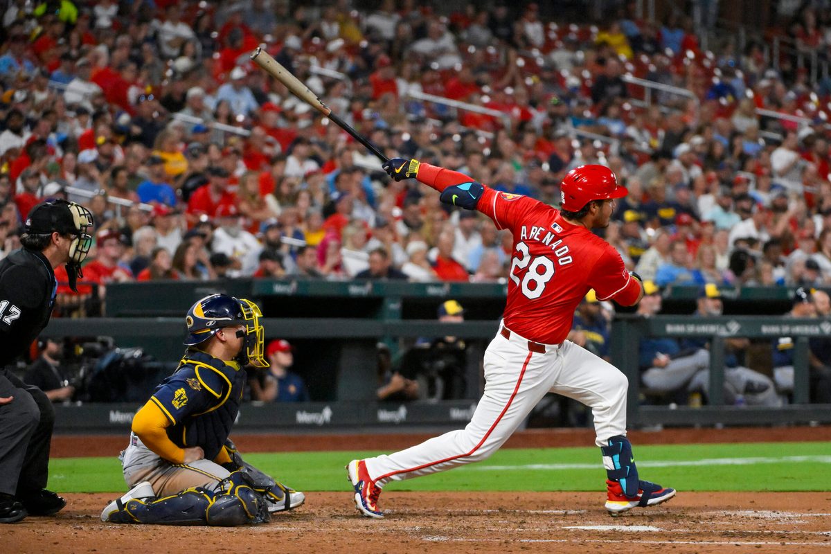 Sep 19, 2025; St. Louis, Missouri, USA;  St. Louis Cardinals third baseman Nolan Arenado (28) hits a three run double against the Milwaukee Brewers during the fifth inning at Busch Stadium. Mandatory Credit: Jeff Curry-Imagn Images
