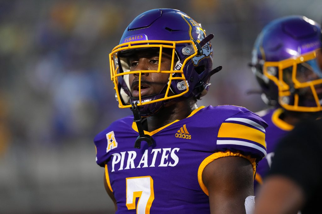 Sep 20, 2025; Greenville, North Carolina, USA; East Carolina Pirates running back London Montgomery (7) looks on before the game against the Brigham Young Cougars at Dowdy-Ficklen Stadium. Mandatory Credit: James Guillory-Imagn Images