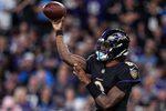 Baltimore Ravens quarterback Lamar Jackson (8) makes a pass against Detroit Lions during the second half at M&T Bank Stadium in Baltimore, Md. on Monday, Sept. 22, 2025.