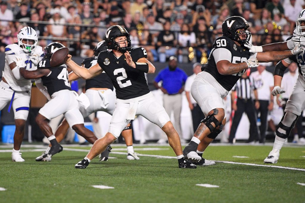Sep 20, 2025; Nashville, Tennessee, USA; Vanderbilt Commodores quarterback Diego Pavia (2) throws a pass against the Georgia State Panthers during the second half at FirstBank Stadium. Mandatory Credit: Steve Roberts-Imagn Images