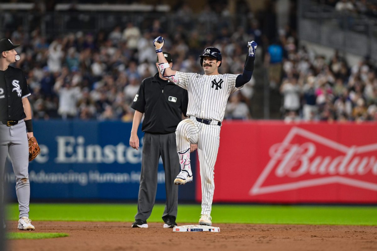 Sep 23, 2025; Bronx, New York, USA; New York Yankees catcher Austin Wells (28) reacts after hitting a RBI double against the Chicago White Sox during the second inning at Yankee Stadium. Mandatory Credit: John Jones-Imagn Images