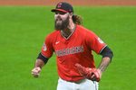 Sep 23, 2025; Cleveland, Ohio, USA; Cleveland Guardians relief pitcher Hunter Gaddis (33) reacts at the end of the eighth inning against the Detroit Tigers at Progressive Field. Mandatory Credit: David Richard-Imagn Images