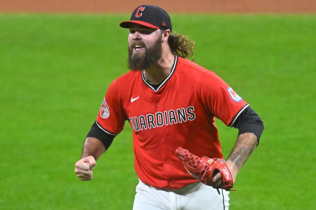 Sep 23, 2025; Cleveland, Ohio, USA; Cleveland Guardians relief pitcher Hunter Gaddis (33) reacts at the end of the eighth inning against the Detroit Tigers at Progressive Field. Mandatory Credit: David Richard-Imagn Images