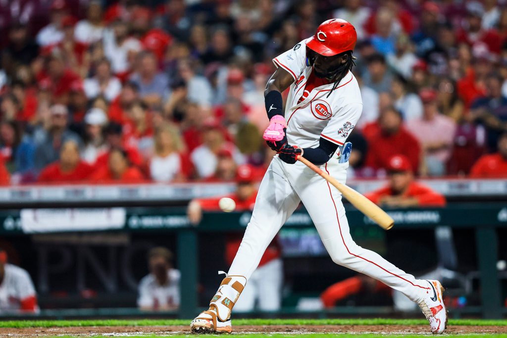 Sep 24, 2025; Cincinnati, Ohio, USA; Cincinnati Reds shortstop Elly De La Cruz (44) hits a single in the fourth inning against the Pittsburgh Pirates at Great American Ball Park. Mandatory Credit: Katie Stratman-Imagn Images