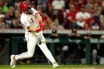 Cincinnati Reds first baseman Spencer Steer (7) hits a base hit in the fourth inning between Cincinnati Reds and Pittsburg Pirates at Great American Ball Park in Cincinnati on Sept. 24, 2025.