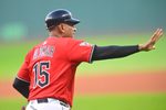 Sep 25, 2025; Cleveland, Ohio, USA; Cleveland Guardians first base coach Sandy Alomar Jr. (15) runs on the field in the first inning against the Detroit Tigers at Progressive Field. Mandatory Credit: David Richard-Imagn Images