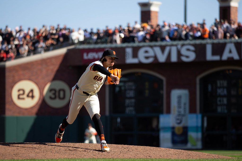 Sep 27, 2025; San Francisco, California, USA; San Francisco Giants pitcher Spencer Bivens (76) delivers a pitch against the Colorado Rockies during the ninth inning at Oracle Park. Mandatory Credit: D. Ross Cameron-Imagn Images