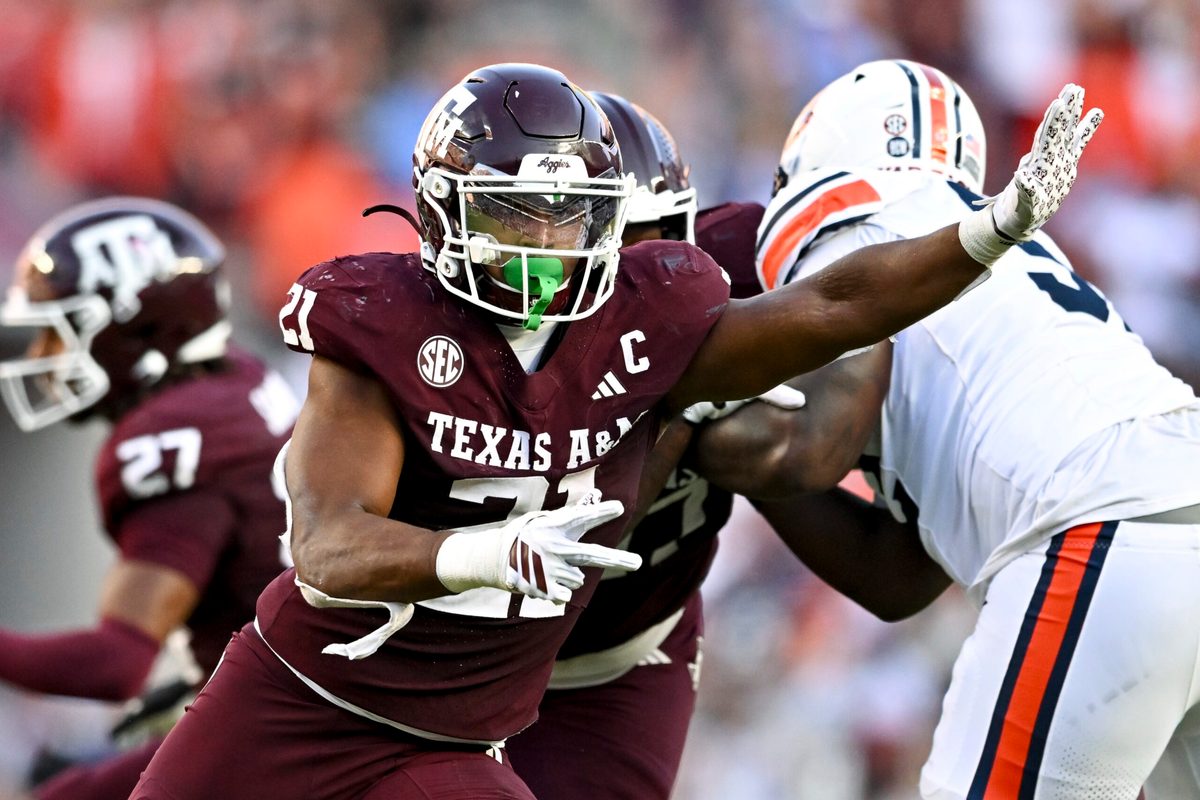 Sep 27, 2025; College Station, Texas, USA; Texas A&M Aggies linebacker Taurean York (21) defends in coverage against the Auburn Tigers during the fourth quarter at Kyle Field. Mandatory Credit: Maria Lysaker-Imagn Images
