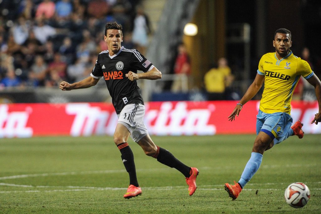 Jul 25, 2014; Chester, PA, USA; Philadelphia Union forward Sebastien Le Toux (11) passes the ball during the second half of the match against the Crystal Palace FC at PPL Park. Crystal Palace FC won the match 1-0. Mandatory Credit: John Geliebter-Imagn Images