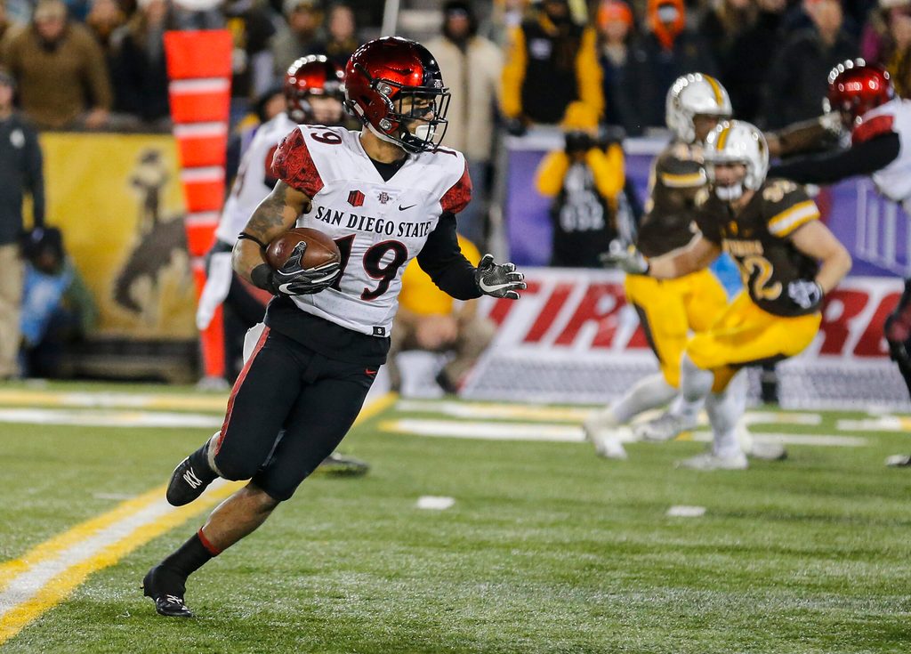 Dec 3, 2016; Laramie, WY, USA; San Diego State Aztecs running back Donnel Pumphrey (19) runs against the Wyoming Cowboys during the fourth quarter at the Mountain West Championship college football game at War Memorial Stadium. The Aztecs beat the Cowboys 27-24. Mandatory Credit: Troy Babbitt-Imagn Images