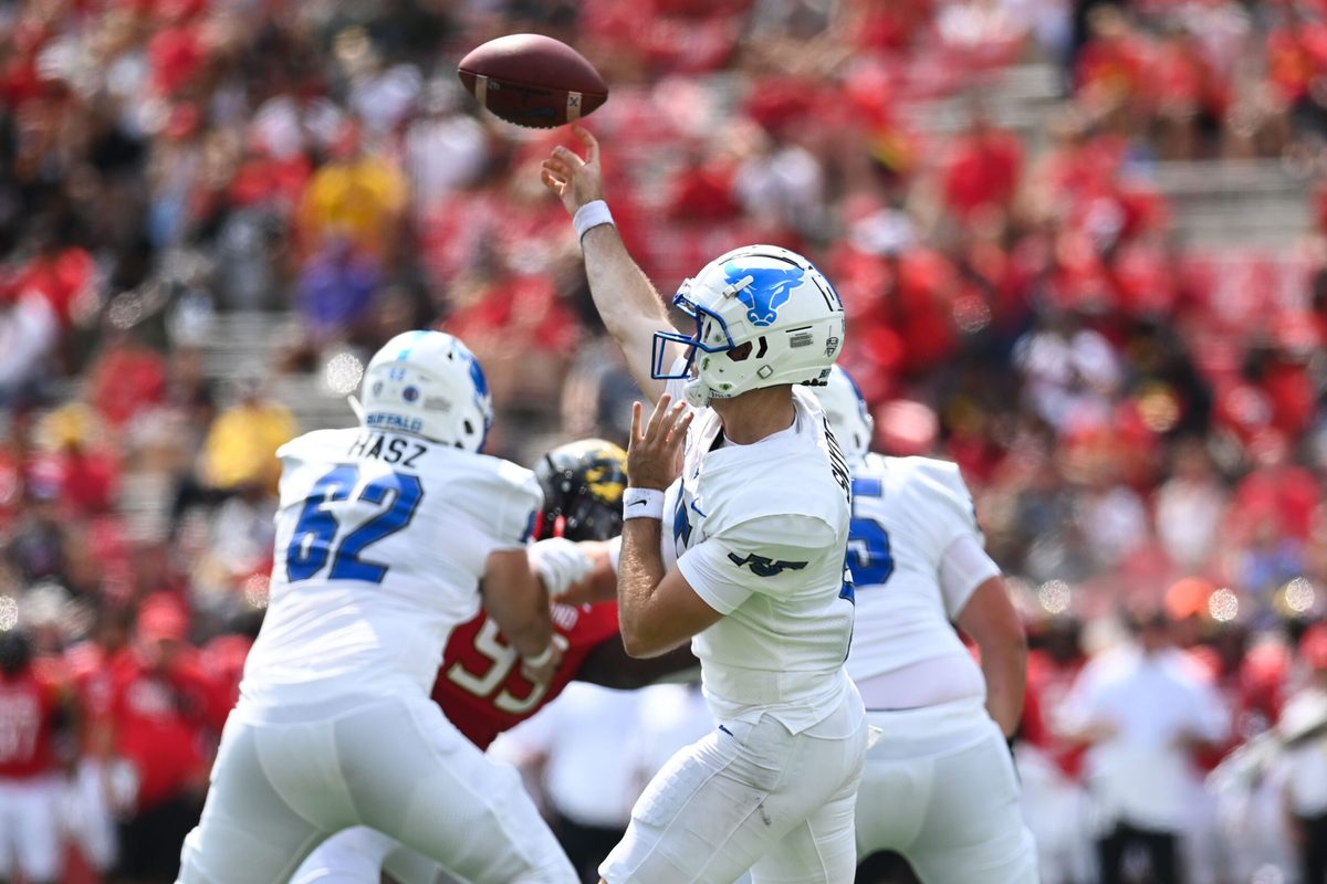 Sep 3, 2022; College Park, Maryland, USA; Buffalo Bulls quarterback Cole Snyder (15) throws from the pocket during the first half against the Maryland Terrapins at Capital One Field at Maryland Stadium. Mandatory Credit: Tommy Gilligan-Imagn Images